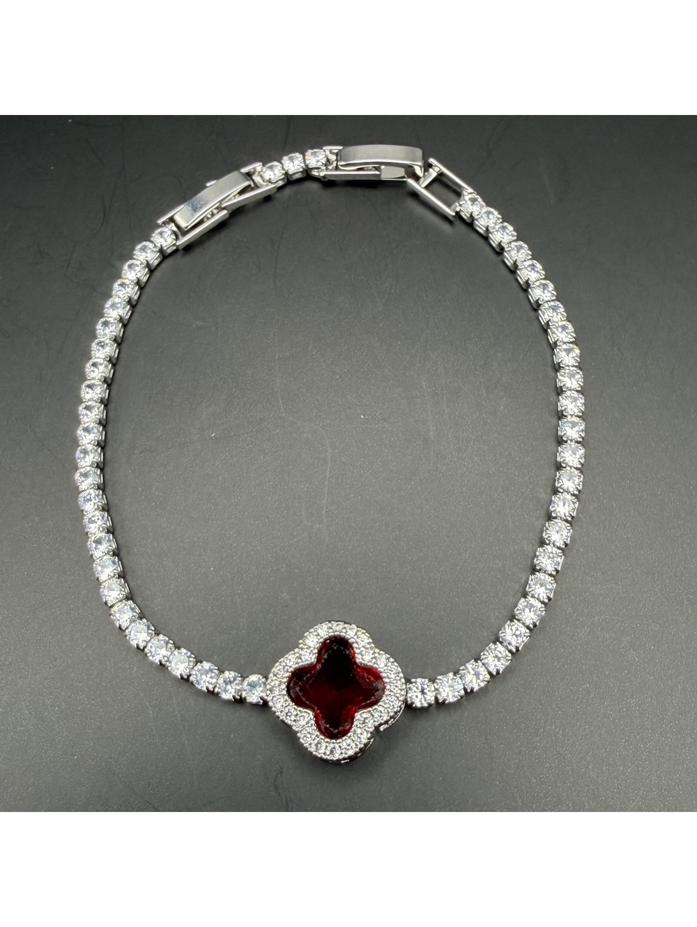 candy+clover deep red crystal clover silver tone tennis bracelet